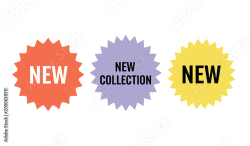 Three starburst shaped badges announcing a new collection with bold text