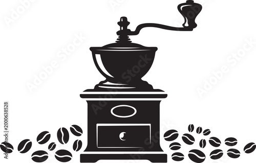 A striking black silhouette depicts a vintage coffee grinder with beans offering a classic aesthetic. Silhouette vector illustration
