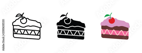 Layered cake slice icons with cherry topping in outline solid and colorful styles.