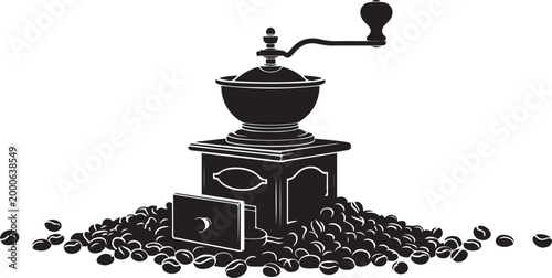 A striking black silhouette depicts a vintage coffee grinder with beans offering a classic aesthetic. Silhouette vector illustration