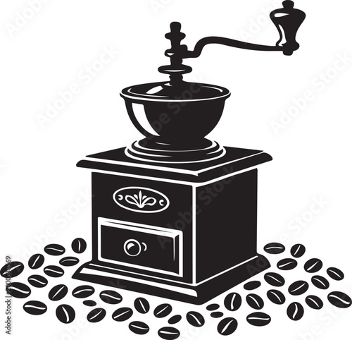 A striking black silhouette depicts a vintage coffee grinder with beans offering a classic aesthetic. Silhouette vector illustration
