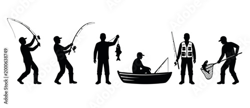 Fishing silhouette collection with anglers catching fish and boating, set of black vector icons showing people hobby activities with rods, nets, and tackle, isolated on a white background for sport de