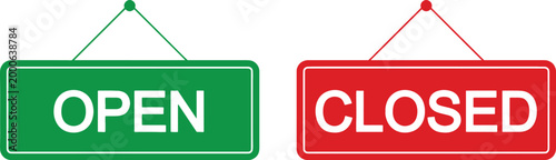 Open and closed signs hanging on transparent background.