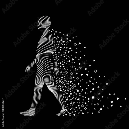 Photos Human figure dissolving into geometric shapes and particles.