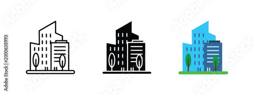 Outline, solid black, and colorful building icons with trees.