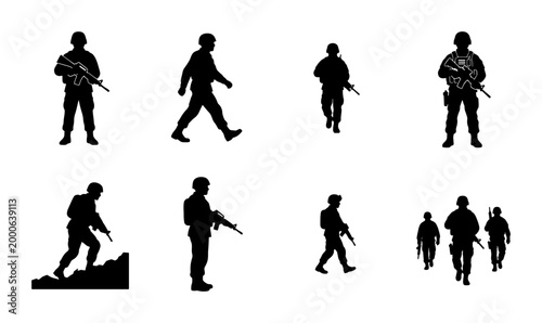 Tableau sur toile Military Soldier Silhouettes, Armed Figures in Action Poses, Vector Set of Infan