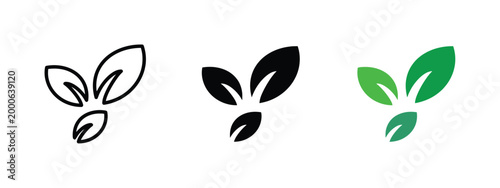 Plant leaves vector icon symbol outline solid black and green colors.