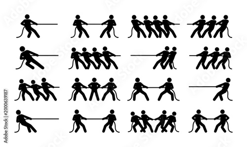 Schilderij op canvas Tug of War Silhouette Icons Set, Team Competition Vector Graphics, Strength Stru