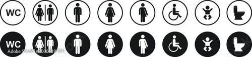 Restroom signs icons, wc symbols, male, female, disabled, children.