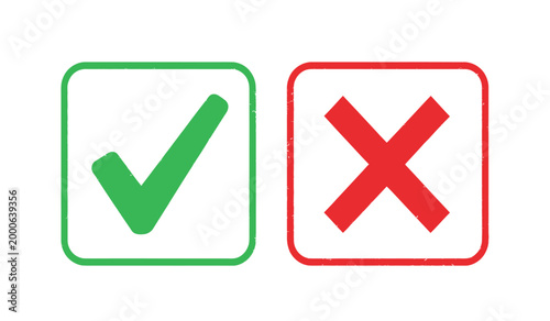 Green check mark and red x symbols in rectangular frames simple icons