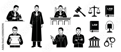Judge and Law Icons Set, Black and White Courtroom Legal Symbols, Gavel Justice Scale Courthouse Vector Illustrations, Legal System Professionals, Trial Procedure Graphics for Lawyers and Attorneys