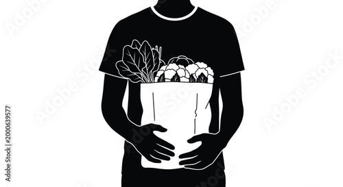 Man holding a paper bag full of fresh vegetables in a vector graphic on white background
