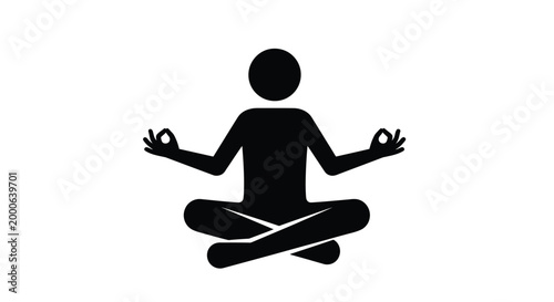 Simple black vector illustration of a person meditating in a lotus pose on white background