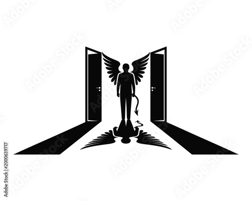 Angel and devil shadow standing between two open doorways with light casting shadows