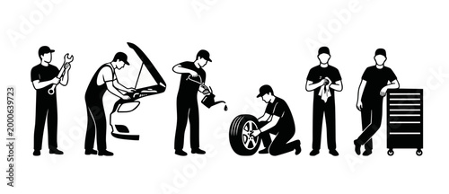 Car mechanic service icons set, professional auto repair workers performing maintenance tasks, engine diagnostics, tire change and oil pouring, isolated black silhouette vector illustration collection