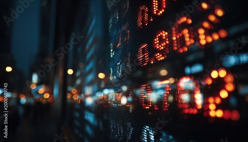 Stock Market Quotes Displayed Against City Lights Reflected On Glass With Small Focus In A Captivating Scene.