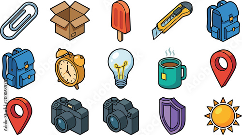 Everyday Objects Icon Set Vector Collection with Backpack, Camera, Coffee Mug, Alarm Clock, Tools and Common Items for UI Design and App Interfaces