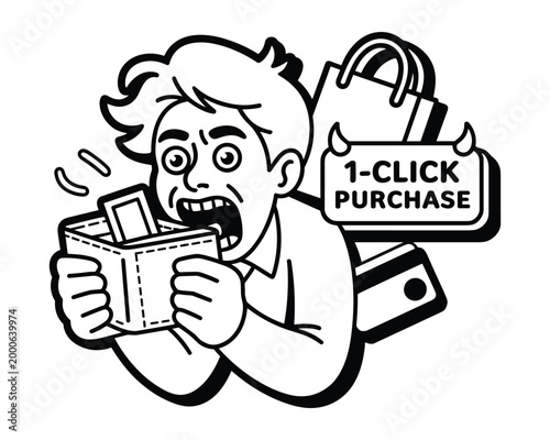 Man with wide eyes and open mouth holding an empty wallet near shopping bags and credit card