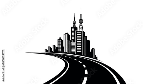 Road leading to a modern city skyline a black and white illustration