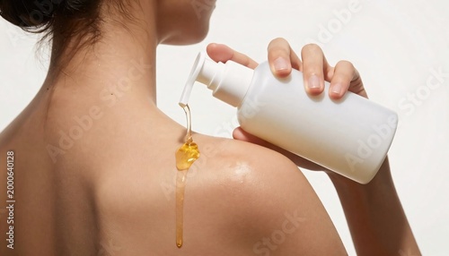 Model Applying Skincare Oil from Bottle on Shoulder