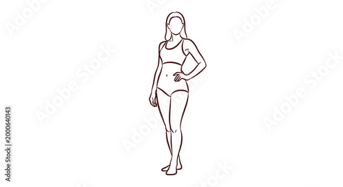Minimalist vector illustration of a woman in sportswear standing with her hand on her hip on white background
