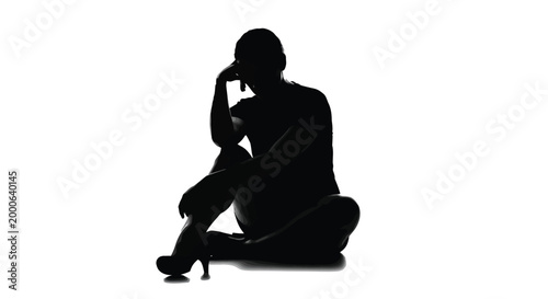 Silhouette vector illustration of a thoughtful woman sitting with hand on forehead on white background