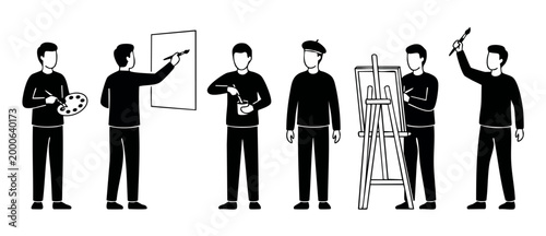 Artist Drawing Set Minimalist Black Icons Painting On Canvas With Brush And Palette Professional Creative People Illustration Character Collection For Graphic Design Projects And Decorative Art Elemen