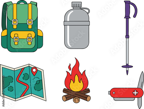 Outdoor Camping and Adventure Gear Icon Set with Backpack, Water Bottle, Map, Fire, and Multi-tool for Websites, Apps, and Digital Media Designs.