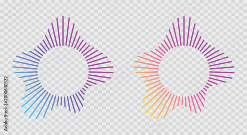 Circular soundwave icons. gradient neon circular sound wave frames. concentric energy burst. Radial audio waves and music symbols