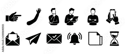 Business people icons set vector illustration, flat black user interface elements for communication and productivity, isolated on white background, professional web design graphics for apps and projec