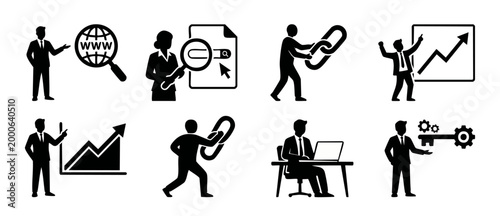 SEO Marketing Icons Set with Businessman Characters, Digital Strategy, Website Ranking, Link Building, Growth Chart, and Business Success Symbols for Corporate Presentations, Web Design and Infographi