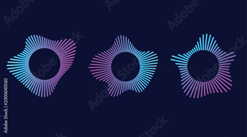 Circular soundwave icons. gradient neon circular sound wave frames. concentric energy burst. Radial audio waves and music symbols