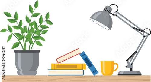 Workspace Desk Vector Illustration with Books Desk Lamp Coffee Mug and Potted Plant on Wooden Surface Isolated on White Background for Office and Study Design.