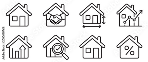 real estate house icons set with services, minimal vector line style collection, property and home symbols isolated on transparent background