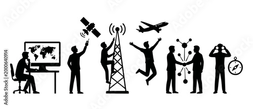 Global Communication Technology Icons Set, Business Connectivity and International Travel Concept, People Silhouettes Working with Digital Network Infrastructure and Navigation Systems for Modern Worl