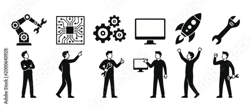 Business People Icons Set with Technology and Engineering Symbols for Industrial Solutions, Professional Teamwork, Technical Problem Solving, Digital Innovation, Manufacturing Progress and Startup Gro