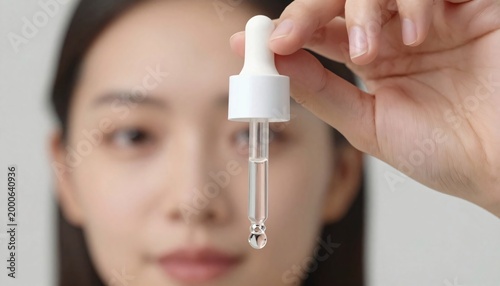 Model Holding Skincare Dropper with Serum in Focus