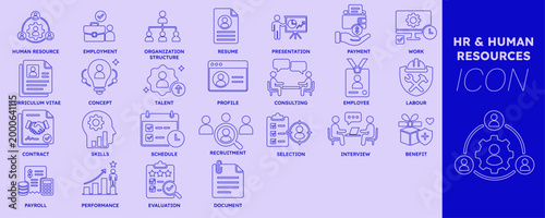 Human resources and business management line icon set with recruitment, employment, payroll, organizational structure, resume, interview and employee benefits symbols