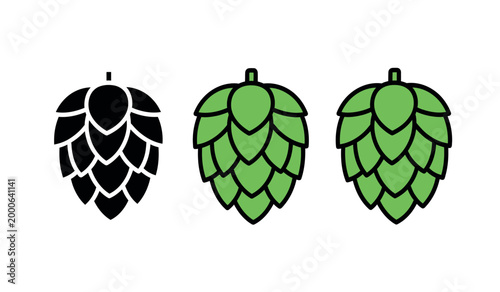 Three hops cones black silhouette color illustration and outline version