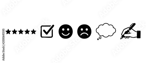Customer Feedback Icons Set Including Star Rating, Checkmark, Happy Sad Faces, Thought Bubble And Writing Hand Symbol For Business Review, Survey Evaluation And Client Satisfaction Analysis Design UI