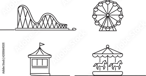 Amusement park icons set including roller coaster ferris wheel carousel and ticket booth thin line vector