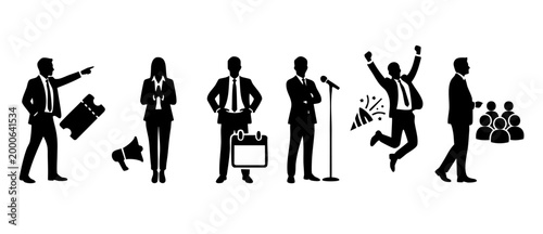 Business People Silhouette Collection Set, Corporate Professional Actions and Poses, Office Worker Activities and Success Concepts for Presentation Infographics and Flat Design Elements, White Backgro