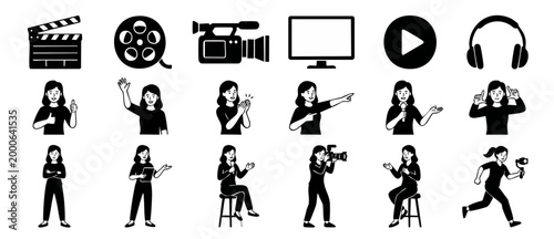 Media Production Icons Set, Woman Professional Character Poses and Video Equipment Symbols for Film, Content Creation, Broadcasting, Digital Marketing, Social Media and Cinematography Vector Collectio