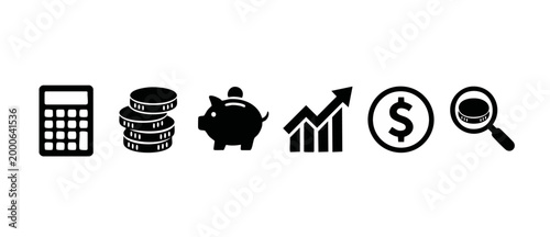 Finance Icons Set with Money, Growth and Savings Symbols for Business Apps and Web Design. Vector illustration of black silhouette symbols featuring calculator, coin stack, piggy bank and profit chart