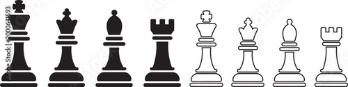 Chess pieces icons set with solid and outline designs featuring king queen bishop and rook vector art