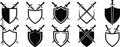 Shield and sword icons set representing medieval combat and heraldry in various styles.