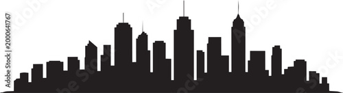 City skyline silhouette vector illustration featuring buildings in a flat minimal black graphic style
