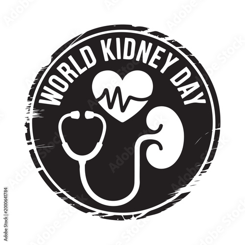 World kidney day emblem featuring a heart stethoscope and kidney illustration in black and white