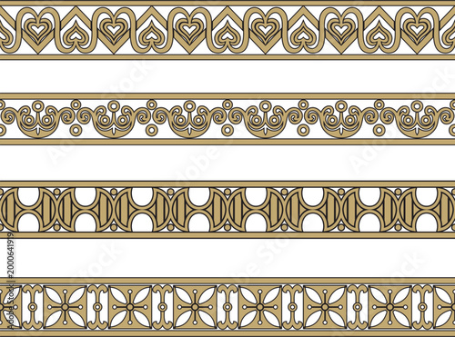 Vector seamless European gold and black ornament. Endless ornament, medieval.Renaissance border. Decorations of palaces and churches.

