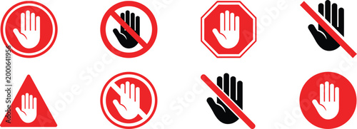 Stop hand symbols, prohibition signs and warning icons in red and black.